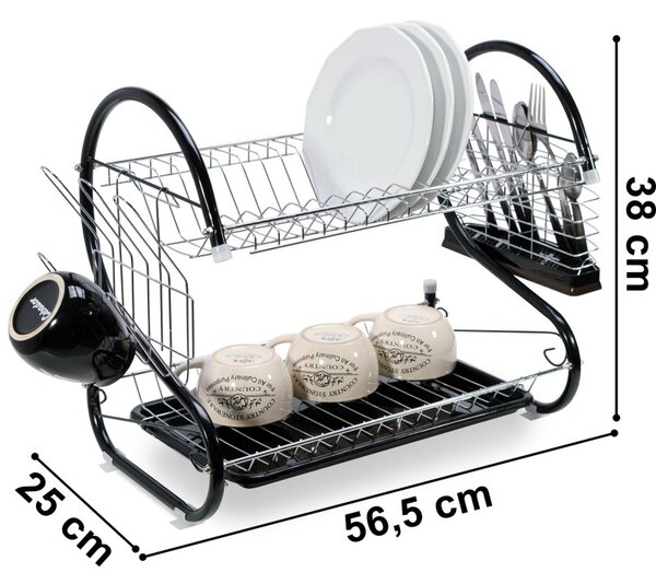Suport vesela cu doua niveluri, tava detasabila, 25 x 56.5 x 38 cm, otel, negru/argintiu