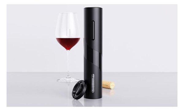 Tirbuson electric pentru sticla de vin, accesoriu taiere sigiliu inclus, maner antiderapant, baterii, negru