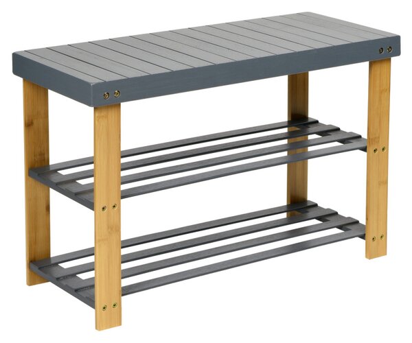 Pantofar din bambus, tip bancuta, MILOS, capacitate 6 perechi incaltaminte, maxim 100 kg, gri/natur