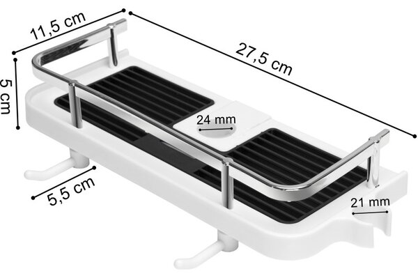 Raft pentru sina de la dus, maxim 2 kg, 2 carlige rotative, suport cap dus, 27.5 x 11.5 x 5 cm, PP, alb/negru