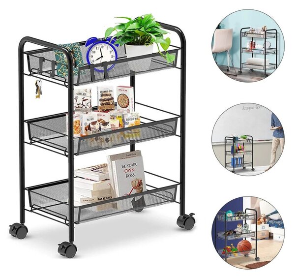 Raft metalic cu roti, 3 cosuri depozitare, inaltime 64 cm, latime 44 cm, negru