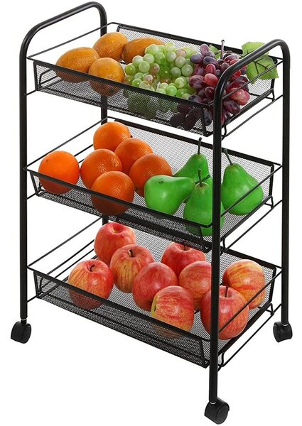 Raft metalic cu roti, 3 cosuri depozitare, inaltime 64 cm, latime 44 cm, negru