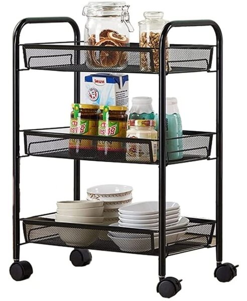 Raft metalic cu roti, 3 cosuri depozitare, inaltime 64 cm, latime 44 cm, negru
