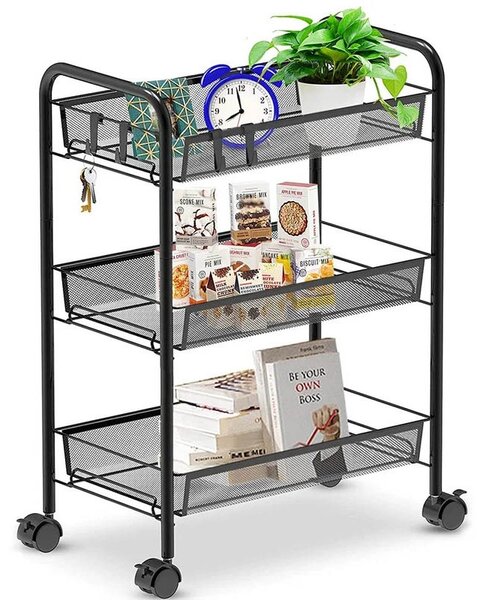 Raft metalic cu roti, 3 cosuri depozitare, inaltime 64 cm, latime 44 cm, negru