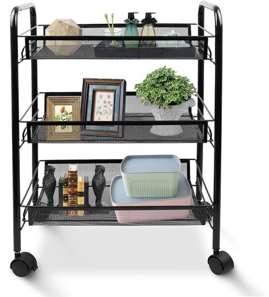 Raft metalic cu roti, 3 cosuri depozitare, inaltime 64 cm, latime 44 cm, negru