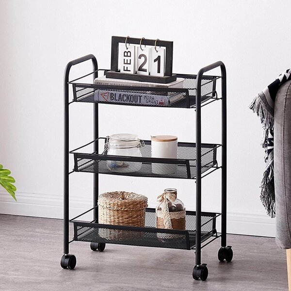 Raft metalic cu roti, 3 cosuri depozitare, inaltime 64 cm, latime 44 cm, negru