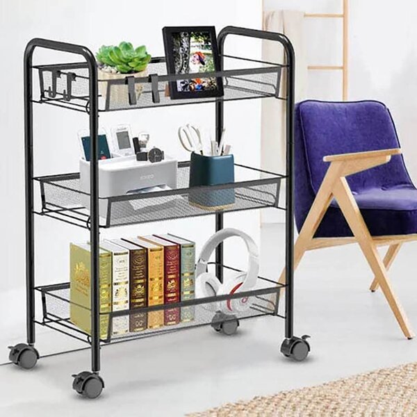 Raft metalic cu roti, 3 cosuri depozitare, inaltime 64 cm, latime 44 cm, negru