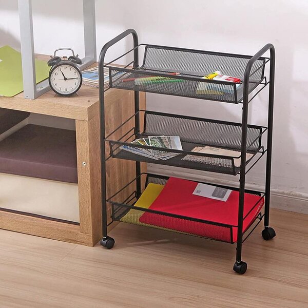 Raft metalic cu roti, 3 cosuri depozitare, inaltime 64 cm, latime 44 cm, negru