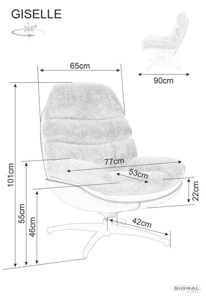 Fotoliu rotativ GISELLE, negru, stofa/piele ecologica/metal, 77x90x101 cm