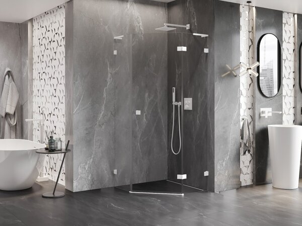 Mexen Lunar, cabină de duș pentagonală cu balamale dreapta L 80 x 80 cm, sticlă transparentă de 8 mm, profil alb, 831L-080P-080L-20-00-P