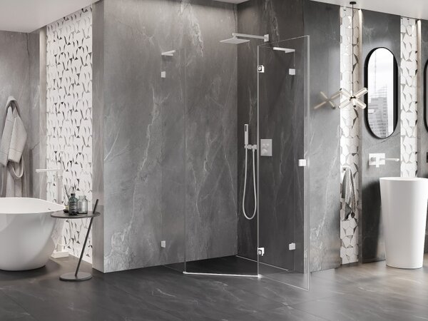 Mexen Lunar, cabină de duș pentagonală cu balamale dreapta L 80 x 80 cm, sticlă transparentă de 8 mm, profil alb, 831L-080P-080L-20-00-P