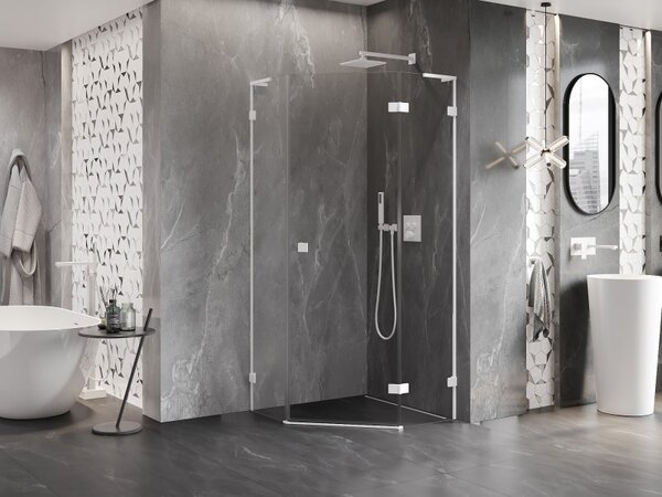 Mexen Lunar, cabină de duș pentagonală cu balamale dreapta L 80 x 80 cm, sticlă transparentă de 8 mm, profil alb, 831L-080P-080L-20-00-P