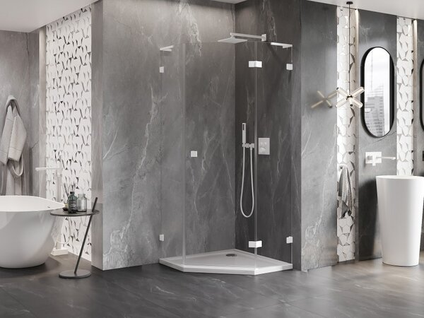 Mexen Lunar, cabină de duș pentagonală cu balamale dreapta L 80 x 80 cm, sticlă transparentă de 8 mm, profil alb, 831L-080P-080L-20-00-P