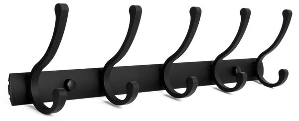 Cuier de perete cu 5 carlige, kit montare perete, aluminiu, 11x45x7 cm, negru mat
