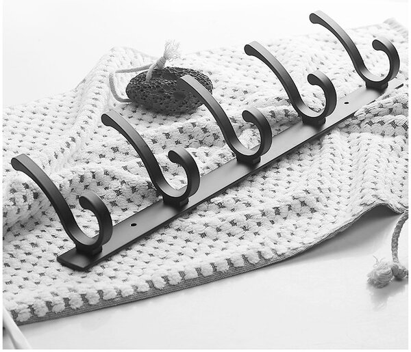 Cuier de perete cu 5 carlige, kit montare perete, aluminiu, 11x45x7 cm, negru mat
