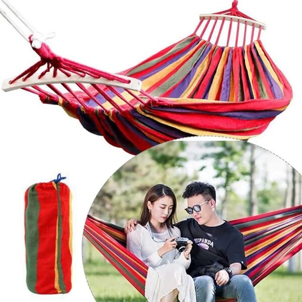 Hamac dublu cu suport metalic inclus, sarcina maxima 200 kg, sac depozitare, multicolor