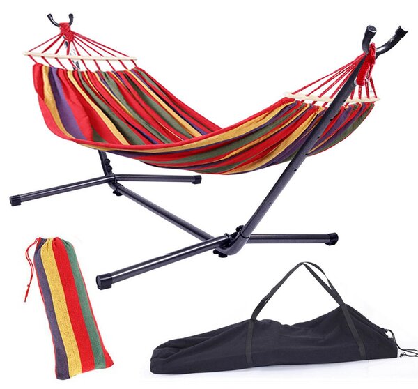 Hamac dublu cu suport metalic inclus, sarcina maxima 200 kg, sac depozitare, multicolor