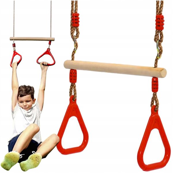 Leagan copii, trapez cu inele, bara acrobatica, lungime reglabila 140-211 cm, maxim 100 kg