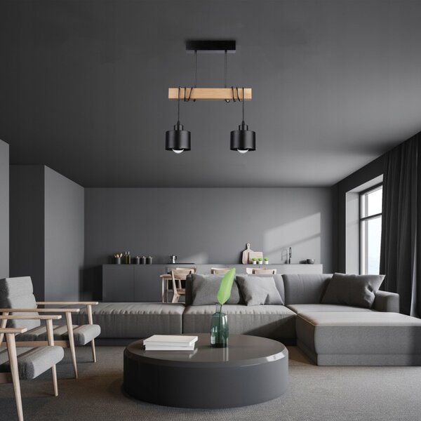 Lampa dining, 2 LED-uri 50W, baza lemn, lungime 40 cm, abajur sticla