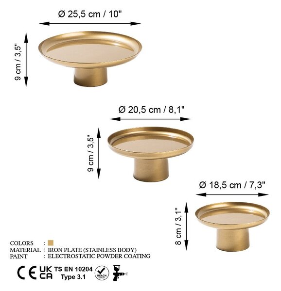 Set 3 platouri decorative metalice GED-007 Auriu 25.5x25.5x9 cm