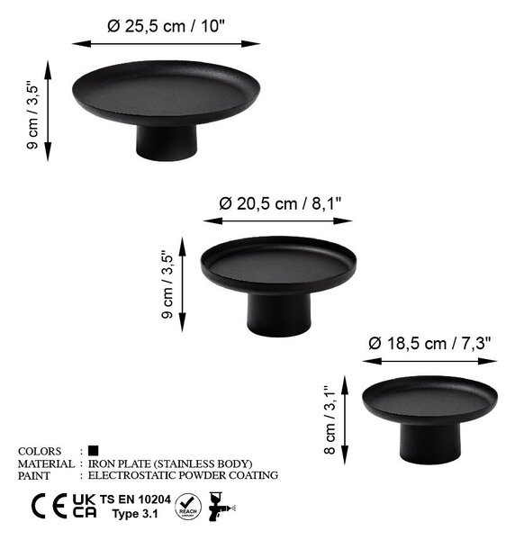 Set 3 platouri decorative metalice GED-007 Negru 25.5x25.5x9 cm
