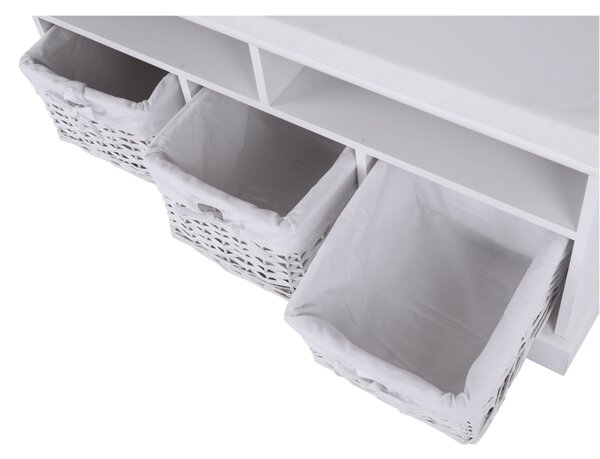 Bancheta RAFAELLO, alb, lemn, cu 3 coşuri, 95x35x49 cm