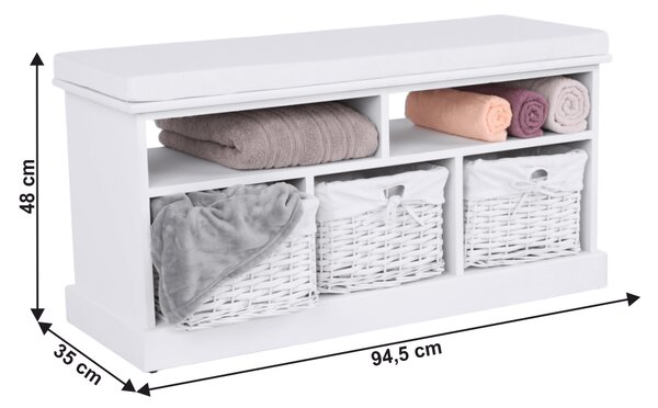 Bancheta RAFAELLO, alb, lemn, cu 3 coşuri, 95x35x49 cm