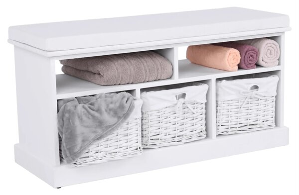 Bancheta RAFAELLO, alb, lemn, cu 3 coşuri, 95x35x49 cm
