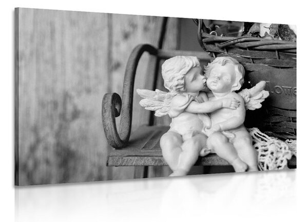 Tablou statuete de îngeri pe bancă în design alb-negru