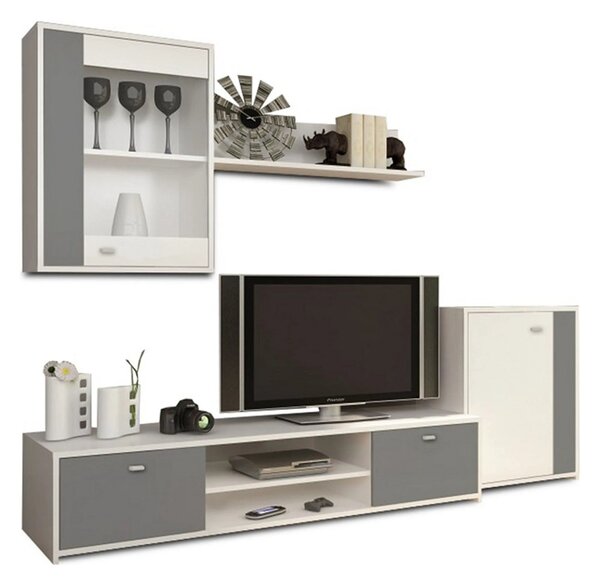 Mobilier living GENTA, PAL melaminat, alb/gri, 4 piese, 210x42x180 cm