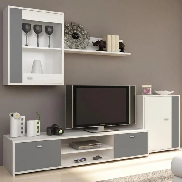 Mobilier living GENTA, PAL melaminat, alb/gri, 4 piese, 210x42x180 cm