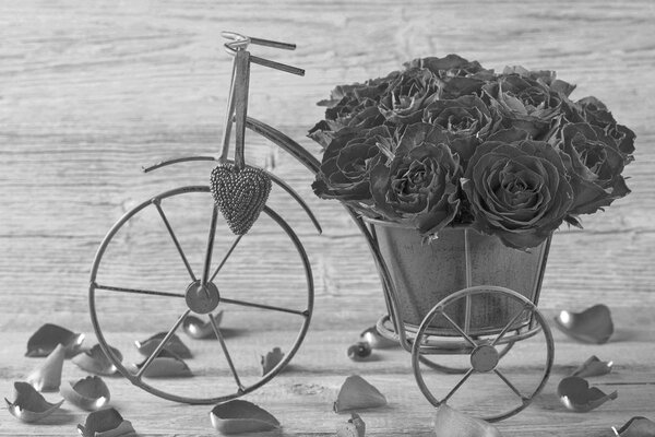Tablou bicicletă plină de trandafiri în design alb-negru