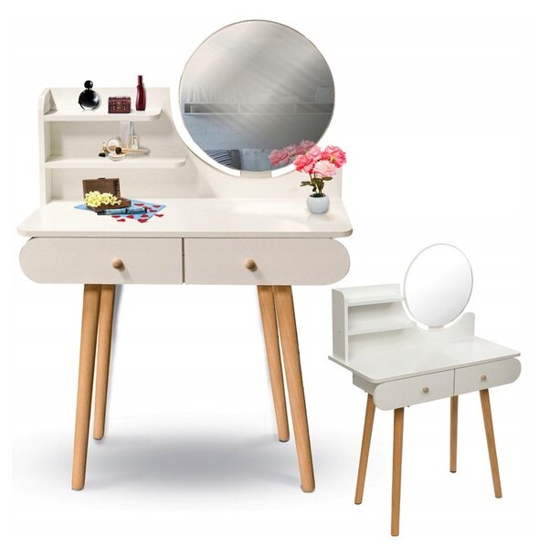 Masă de toaletă scandinavă albă cu oglindă 80x40x120 cm - 2 sertare