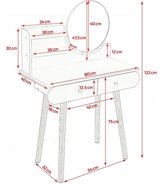 Masă de toaletă scandinavă albă cu oglindă 80x40x120 cm - 2 sertare