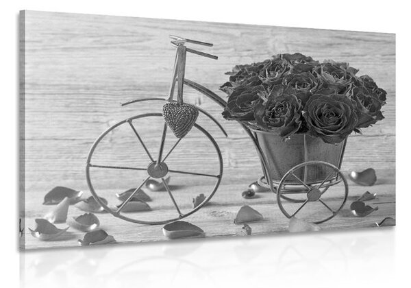 Tablou bicicletă plină de trandafiri în design alb-negru