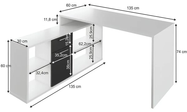 Birou NOE NEW, alb/negru, PAL melaminat, 135x60/30x74/60 cm