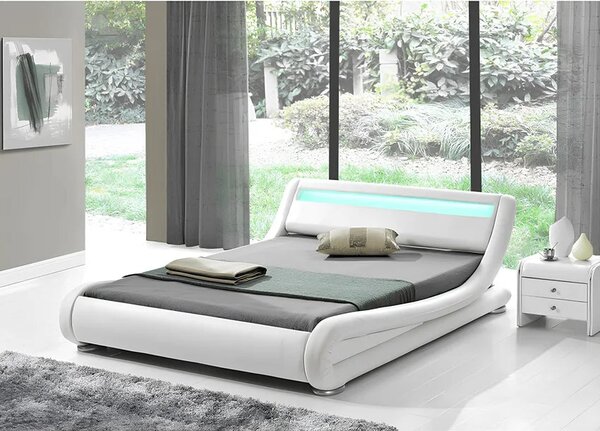 Pat FILIDA 160x200, alb, piele ecologica/PAL/metal/lemn, cu iluminare