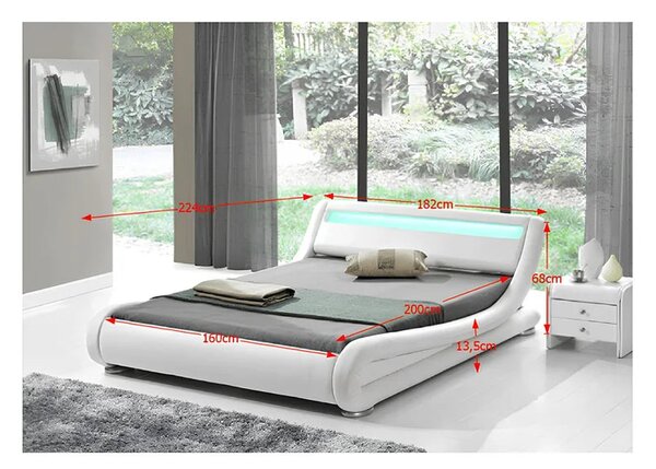 Pat FILIDA 160x200, alb, piele ecologica/PAL/metal/lemn, cu iluminare