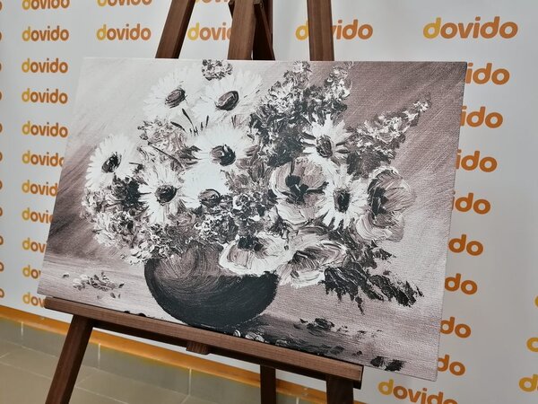 Tablou pictură în ulei florilor de vară în design alb-negru