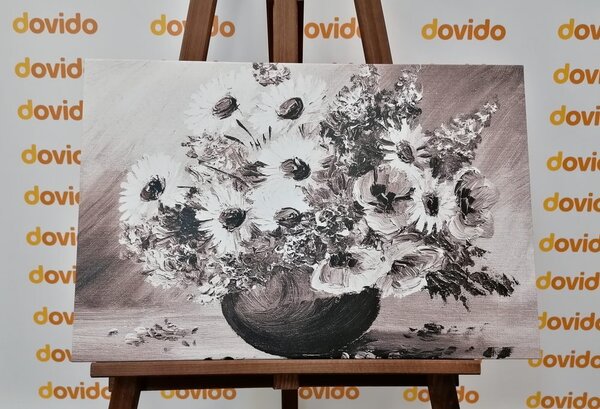Tablou pictură în ulei florilor de vară în design alb-negru