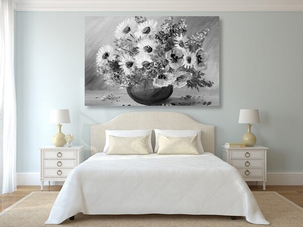 Tablou pictură în ulei florilor de vară în design alb-negru