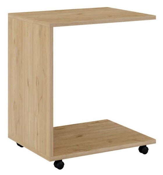 Masuta Cafea Laterala Adore C shape cu roti, Alb - Nuc - Stejar - Mov, 35x65x45 cm