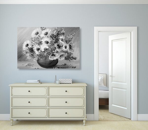 Tablou pictură în ulei florilor de vară în design alb-negru