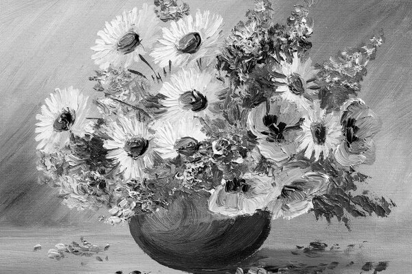 Tablou pictură în ulei florilor de vară în design alb-negru