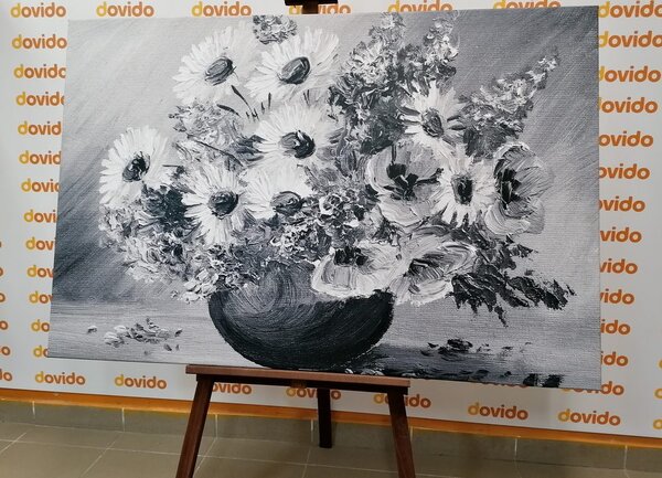 Tablou pictură în ulei florilor de vară în design alb-negru
