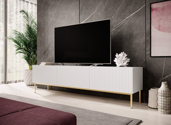 Comodă TV Nicole 200 cm cu picioare metalice, cu sertar - alb mat / picioare aurii