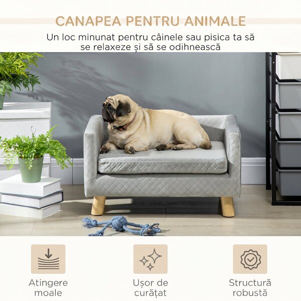 PawHut Canapea pentru Câini și Pisici cu Pernă, Culcuș pentru Animale din Catifea și Lemn, 64x45x36 cm, Gri | Aosom Romania
