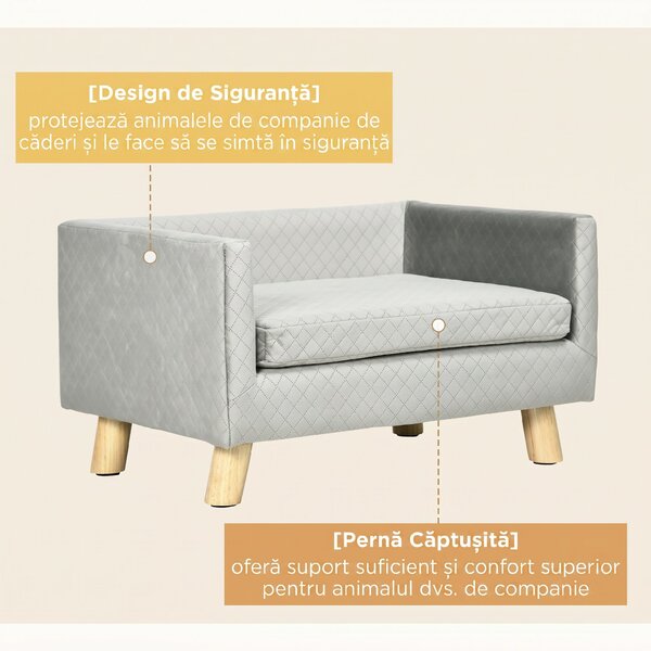 PawHut Canapea pentru Câini și Pisici cu Pernă, Culcuș pentru Animale din Catifea și Lemn, 64x45x36 cm, Gri | Aosom Romania