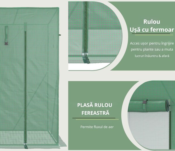 Outsunny Sera de gradina din PE si otel cu 4 carlige, 2 ferestre laterale si copertina superioara ranforsata, 200x77x148-169 cm | Aosom Romania