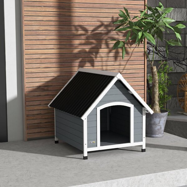 PawHut Cușcă pentru Câini, Casă din Lemn pentru Câini cu Podea Detașabilă, Adăpost pentru Animale de Companie cu Lemn Anticoroziv, 84x99x87 cm, Gri